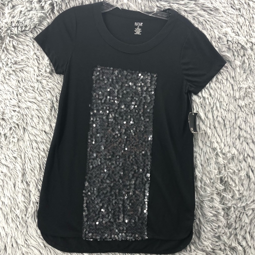 A.N.A Shirt Womens XS Sequin Front Black Short Sleeve Top NWT